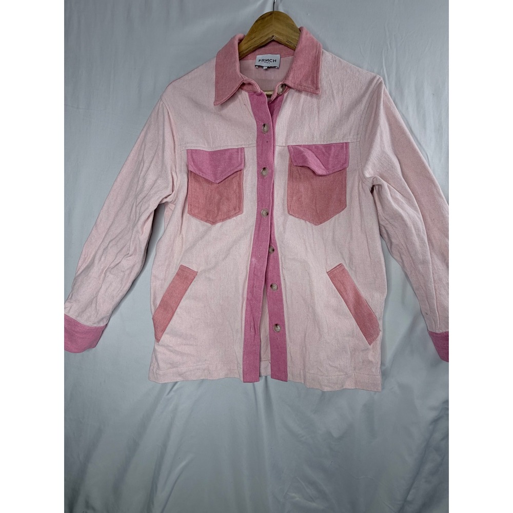 FRNCH Paris Shirt Jacket XS Pink Colorblock Denim Shacket Button Front Pocket